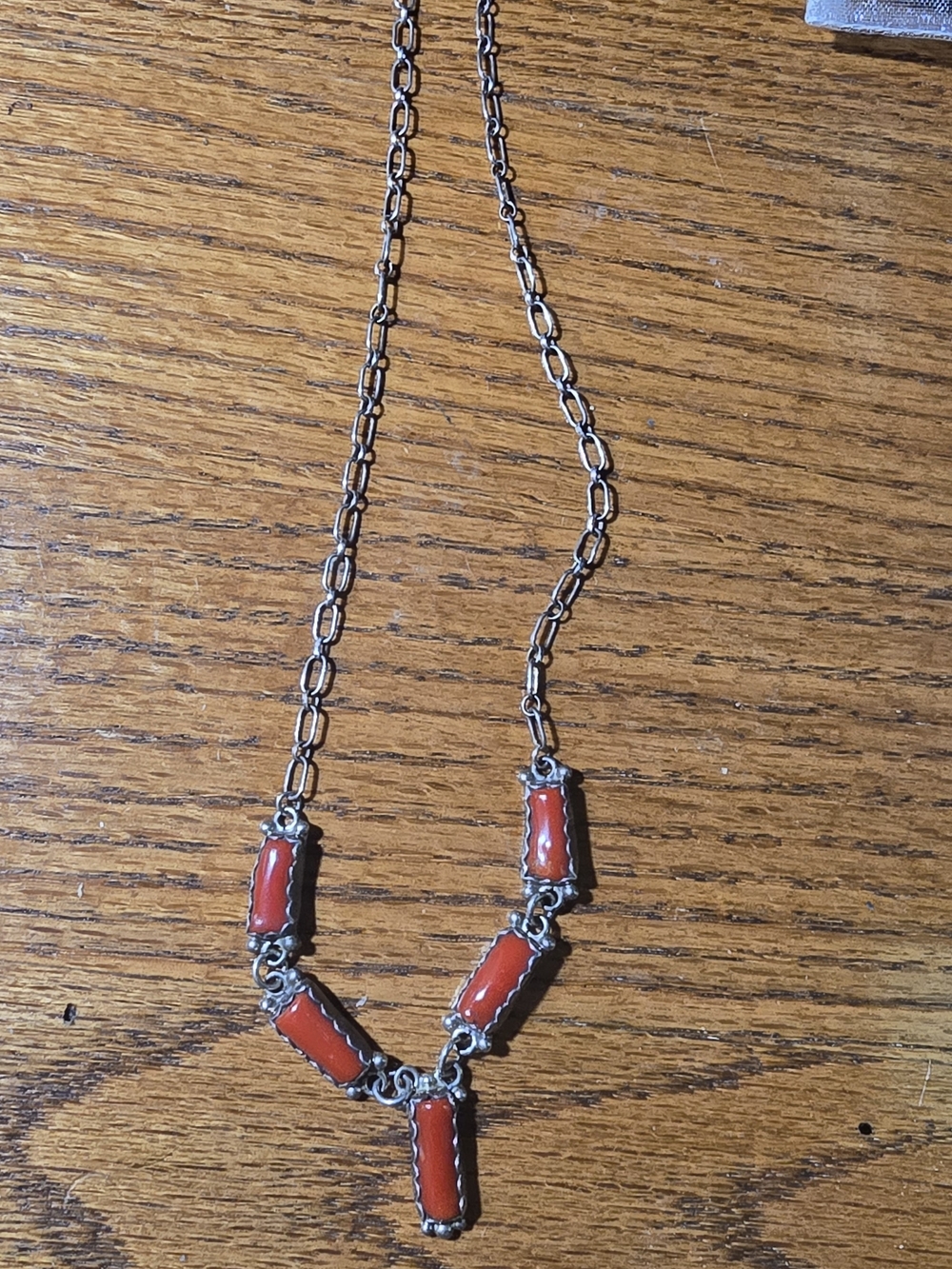 Native American Sterling Silver Paperclip Chain Necklace with Red Coral